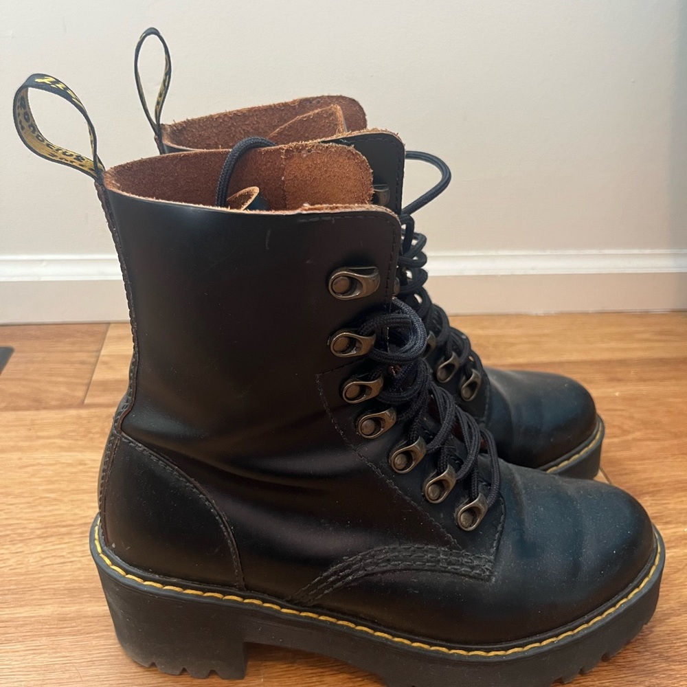 Dr. Martens Black Leather Combat Boots with Yellow Stitching